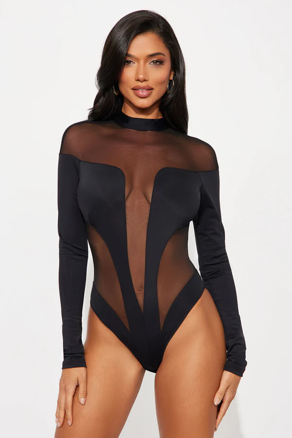 Zuri Mesh Cut Out Long Sleeve Bodysuit - Blac