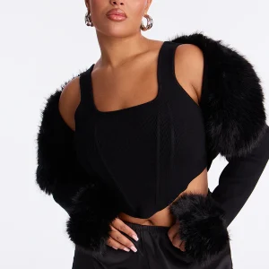 Sara Faux Fur 2 Piece Sweater Top - Black