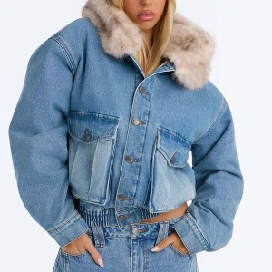FASHIONNOVA Ice Breaker Faux Fur Hood Quilted Denim Jacket