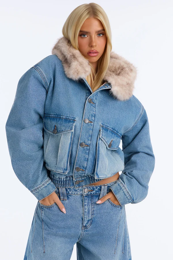 FASHIONNOVA Ice Breaker Faux Fur Hood Quilted Denim Jacket